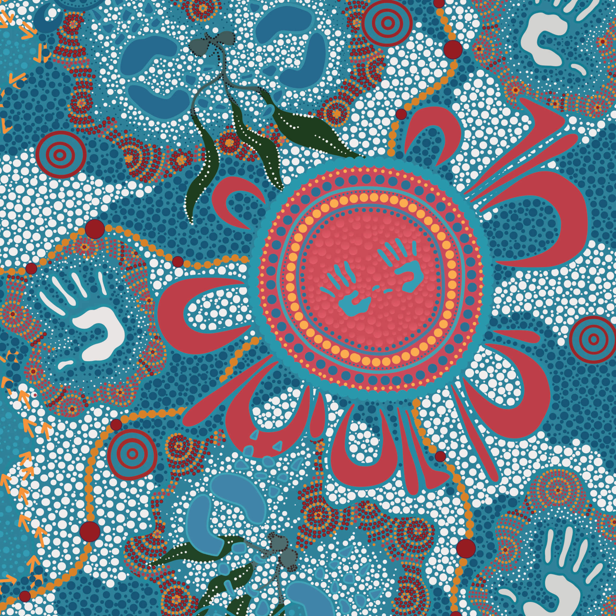 painting by Reconciliation Plan Artist Chloe Watego, featuring images of Indigenous cultural significance predominantly in colours of turquoise, red, orange and brown.